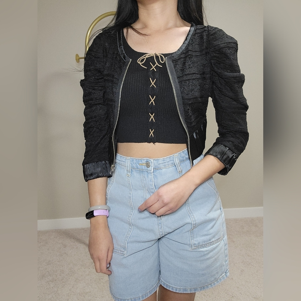 Black Lace Zip-Up Cropped Jacket